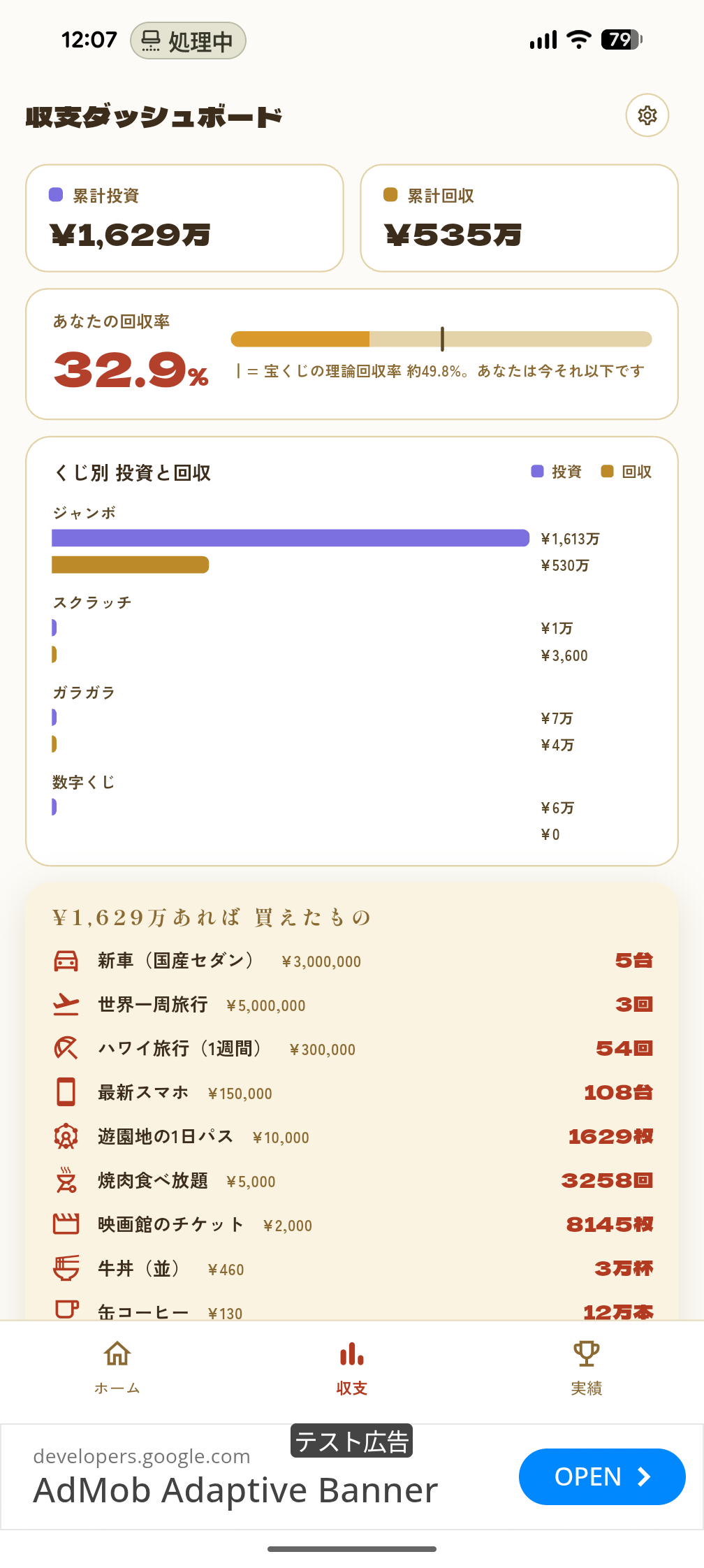 収支ダッシュボード。累計投資・回収率・くじ別グラフで結果を振り返れる